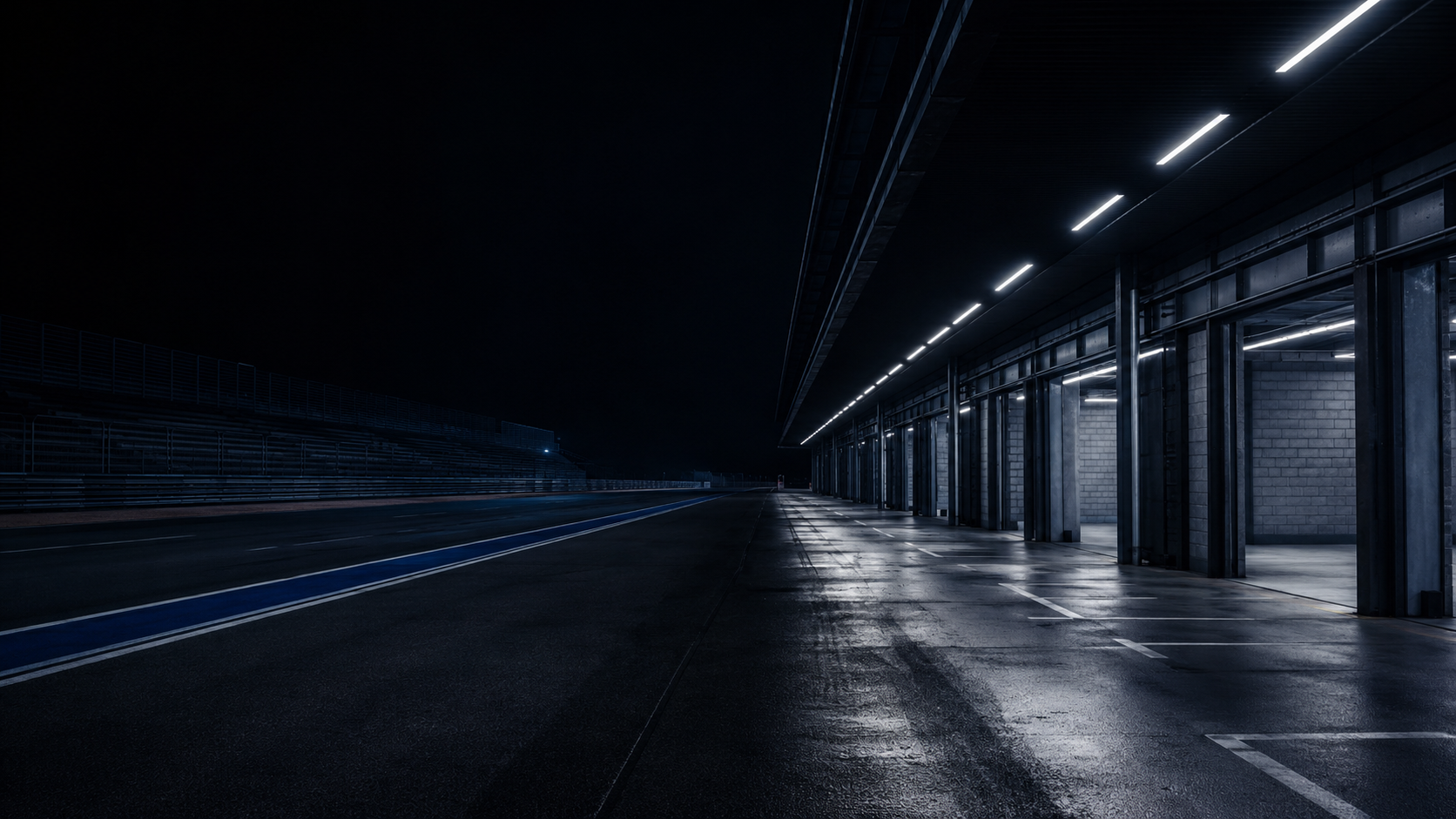A floodlit pit lane waiting for the next race
